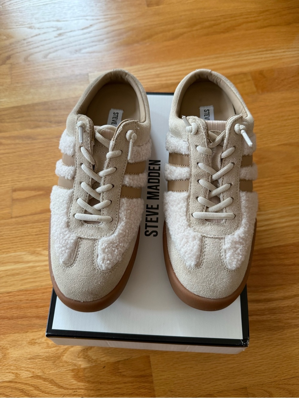 Steve Madden Cream and Brown Sherpa-Lined Vandy Faux Fux Bone Sneakers